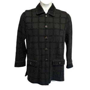 St John Marie Gray Santana Knit Black Metallic Grid Wool Tweed Cardigan Size 8